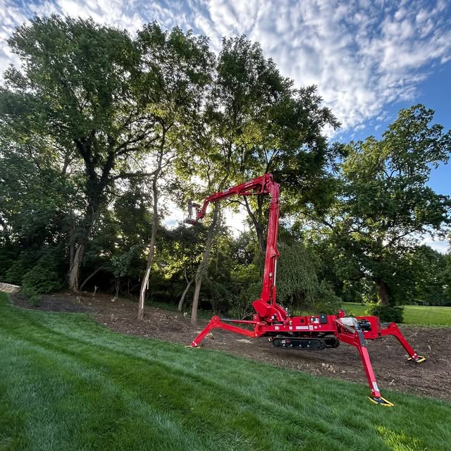 Green Tree's spider lift reaching into tall trees over a green lawn